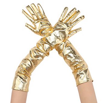 Women's Faux Leather Gloves Shiny Full Finger Opera Long Evening Warm Glove