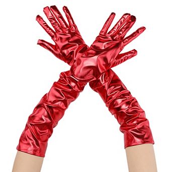 Women's Faux Leather Gloves Shiny Full Finger Opera Long Evening Warm Glove