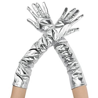 Women's Faux Leather Gloves Shiny Full Finger Opera Long Evening Warm Glove