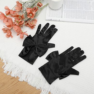 Women's Satin Gloves Elegant Wrist Length Glove with Bow for Wedding Prom