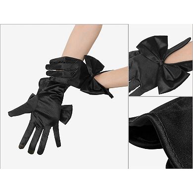 Women's Satin Gloves Elegant Wrist Length Glove with Bow for Wedding Prom