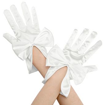 Women's Satin Gloves Elegant Wrist Length Glove with Bow for Wedding Prom