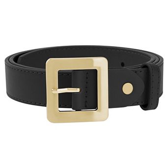 Women's Golden Square Buckle Belts Simple Faux Leather Waistband for Dresses Jeans