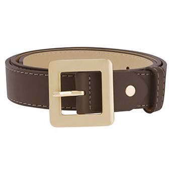 Women's Golden Square Buckle Belts Simple Faux Leather Waistband for Dresses Jeans
