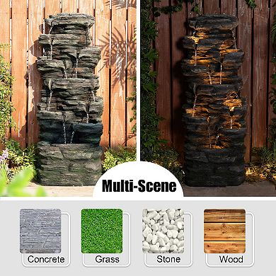Glitzhome 39.25"H 9-Tiered Cascading Rock Polyresin Outdoor Fountain with LED Lights