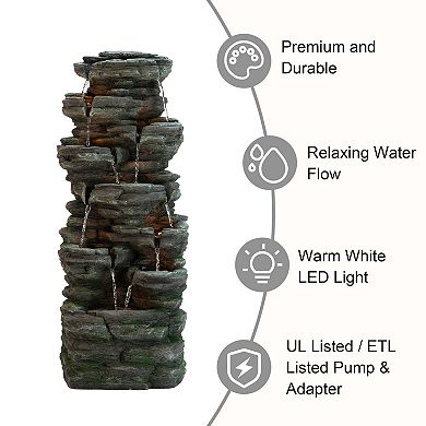 Glitzhome 39.25"H 9-Tiered Cascading Rock Polyresin Outdoor Fountain with LED Lights