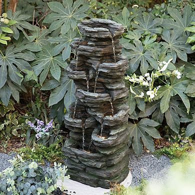 Glitzhome 39.25"H 9-Tiered Cascading Rock Polyresin Outdoor Fountain with LED Lights