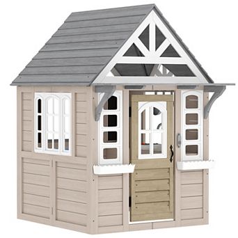 Qaba Outdoor Playhouse, Wooden Kids Playhouse with Dog Door, Cookware, Bell