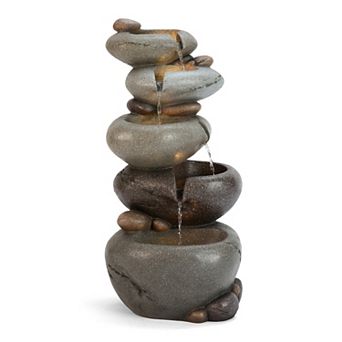 Glitzhome 24.5"H 5 tier d Zen Style Stacked Pebbles Polyresin Outdoor Floor Fountain with Lights