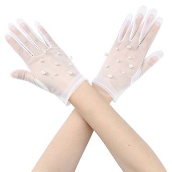 Women's Pearl White Lace Short Sheer Mesh Tulle for Wedding Party Opera