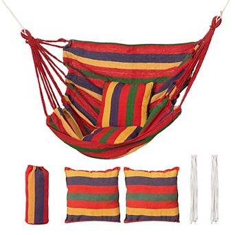 Striped Fabric Hanging Hammock Chair with Two Matching Cushions Hanging Ropes & Storage Bag
