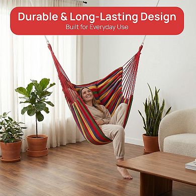Striped Fabric Hanging Hammock Chair with Two Matching Cushions Hanging Ropes & Storage Bag