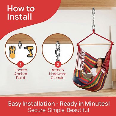 Striped Fabric Hanging Hammock Chair with Two Matching Cushions Hanging Ropes & Storage Bag