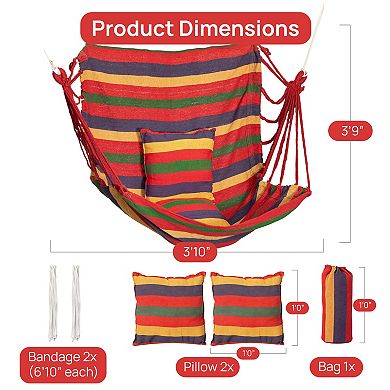Striped Fabric Hanging Hammock Chair with Two Matching Cushions Hanging Ropes & Storage Bag
