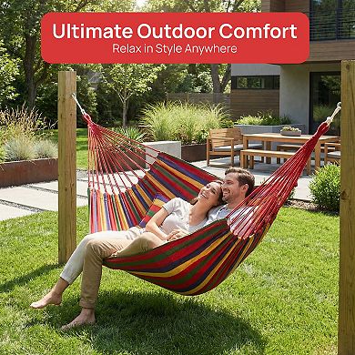 Striped Fabric Hanging Hammock Chair with Two Matching Cushions Hanging Ropes & Storage Bag