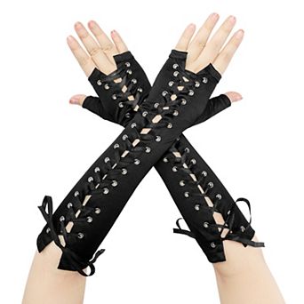 Women's Satin Lace Up Fingerless Gloves Elbow Length Cover Arm Warmers for Party