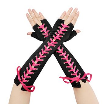 Women's Satin Lace Up Fingerless Gloves Elbow Length Cover Arm Warmers for Party