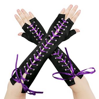 Women's Satin Lace Up Fingerless Gloves Elbow Length Cover Arm Warmers for Party