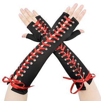 Women's Satin Lace Up Fingerless Gloves Elbow Length Cover Arm Warmers for Party