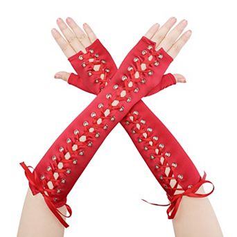 Women's Satin Lace Up Fingerless Gloves Elbow Length Cover Arm Warmers for Party