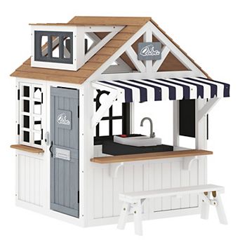 Qaba Outdoor Playhouse, Wooden Kids Playhouse with Dog Door for Garden