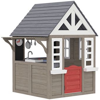 Qaba Outdoor Playhouse with Dog Door, Flower Box, Cookware for Backyard
