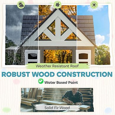 Qaba Outdoor Playhouse with Dog Door, Flower Box, Cookware for Backyard