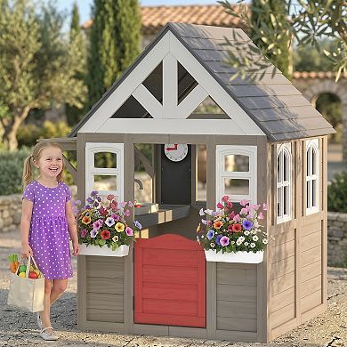 Qaba Outdoor Playhouse with Dog Door, Flower Box, Cookware for Backyard