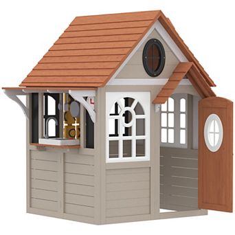 Qaba Outdoor Wooden Playhouse with Dog Door, Cookware, Blackboard, Clock