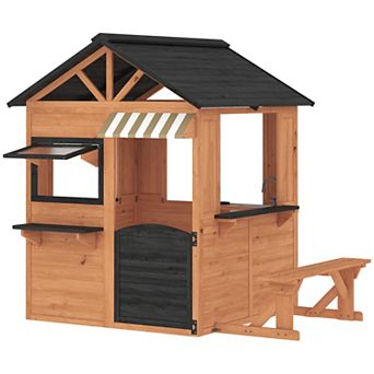 Qaba Outdoor Playhouse, Wooden Kids Playhouse with Play Kitchen and Bench