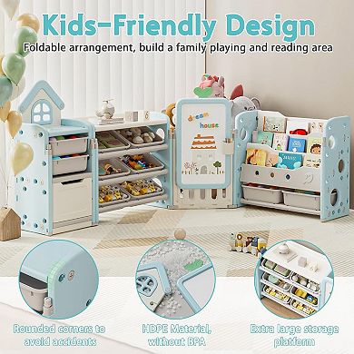 Kids Toy Storage Organizer with 3-Tier Bookshelf, Drawing Board, Extra 3 Brushes