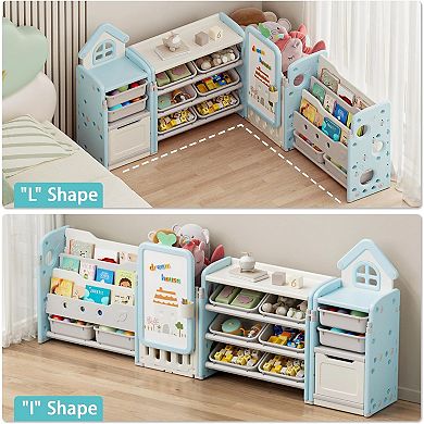 Kids Toy Storage Organizer with 3-Tier Bookshelf, Drawing Board, Extra 3 Brushes