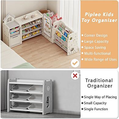 Kids Toy Storage Organizer with 3-Tier Bookshelf, Drawing Board, Extra 3 Brushes