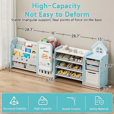 Kids Toy Storage Organizer with 3-Tier Bookshelf, Drawing Board, Extra 3 Brushes