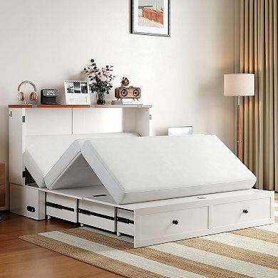 Murphy Cabinet Bed with Tri-Folding Memory Foam Mattress, 2 Drawers & Charging Station