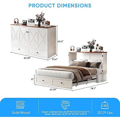 Murphy Cabinet Bed with Tri-Folding Memory Foam Mattress, 2 Drawers & Charging Station