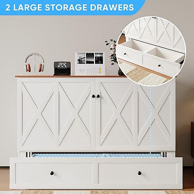 Murphy Cabinet Bed with Tri-Folding Memory Foam Mattress, 2 Drawers & Charging Station