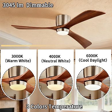Modern 3 Wood Blades Flush Mount Standard Ceiling Fan with Integrated LED and Remote