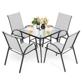 5 pc Metal Outdoor Dining Set, Textilene Stackable Chairs and 1.7'' Umbrella Hole