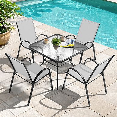 5-Piece Metal Outdoor Dining Set, Textilene Stackable Chairs and 1.7'' Umbrella Hole