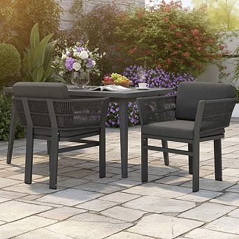 Set Of 2 Outdoor Patio Dining Chairs, All Weather Woven Rattan Aluminum Frame with Cushion