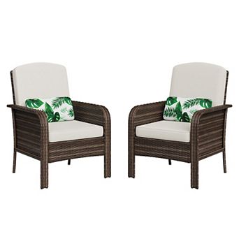 2 pc Outdoor Patio Set, All-Weather Wicker Chairs w/High Back & Cushions for Deck, Porch, Garden