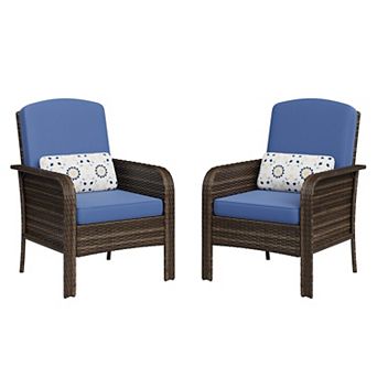 2 pc Outdoor Patio Set, All-Weather Wicker Chairs w/High Back & Cushions for Deck, Porch, Garden