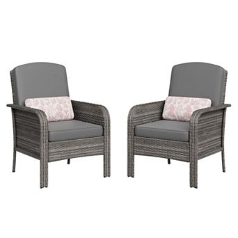 2 pc Outdoor Patio Set, All-Weather Wicker Chairs w/High Back & Cushions for Deck, Porch, Garden