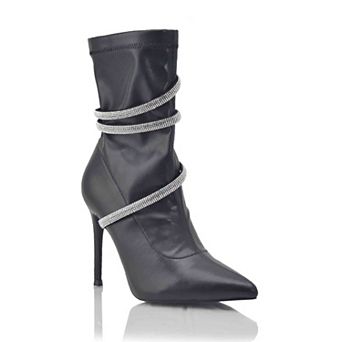 Stretch Rhinestone Wrap Strap Pointed Toe Stiletto Ankle Boots
