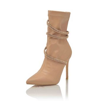 Stretch Rhinestone Wrap Strap Pointed Toe Stiletto Ankle Boots