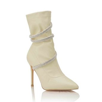 Stretch Rhinestone Wrap Strap Pointed Toe Stiletto Ankle Boots