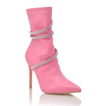 Stretch Rhinestone Wrap Strap Pointed Toe Stiletto Ankle Boots