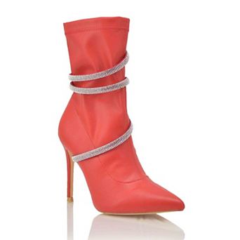 Stretch Rhinestone Wrap Strap Pointed Toe Stiletto Ankle Boots