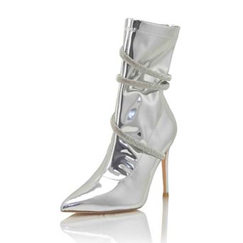 Stretch Rhinestone Wrap Strap Pointed Toe Stiletto Ankle Boots